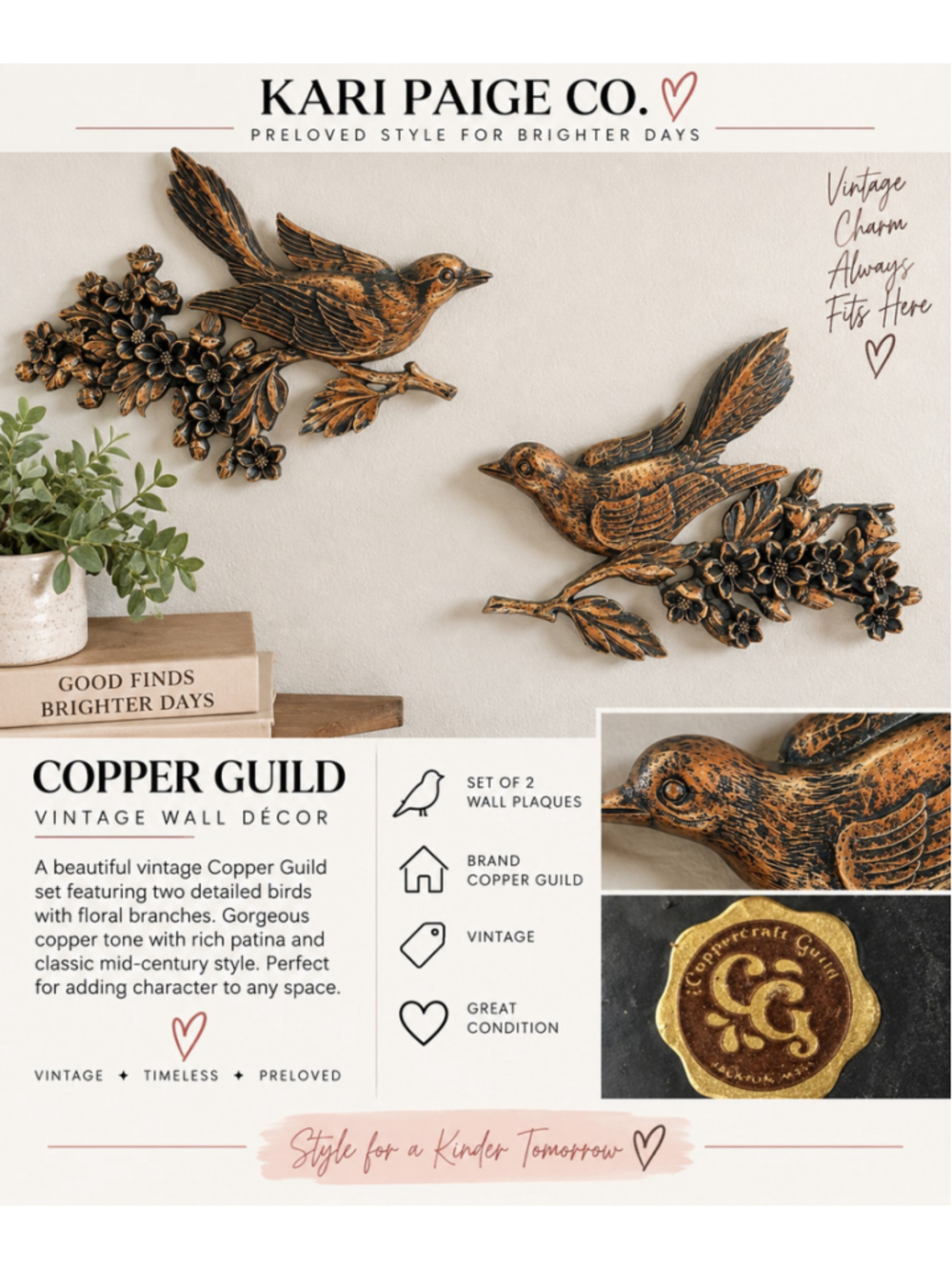 Vintage 1970s Coppercraft Guild Bird Wall Plaques Set of 2 Floral MCM Decor F26